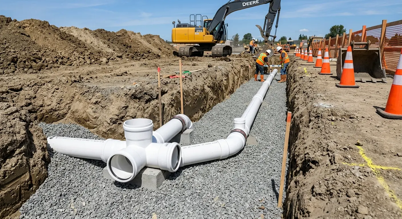 New PVC sewer pipe installation in open trench for Sewer Backup in Torrington