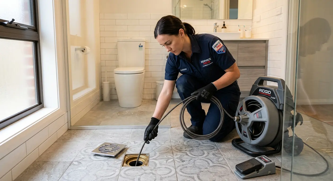 Technician clearing a bathroom floor drain for Hydro Jetting in Torrington